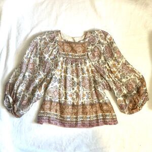 Anthropologie Flora Silk Blouse Balloon Sleeve XS Egyptian Boho Pattern